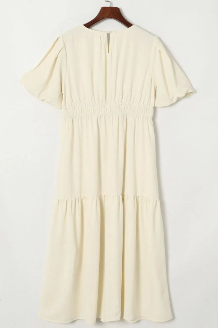 Puff Sleeve Pleated High Waist Flowy Midi Dress