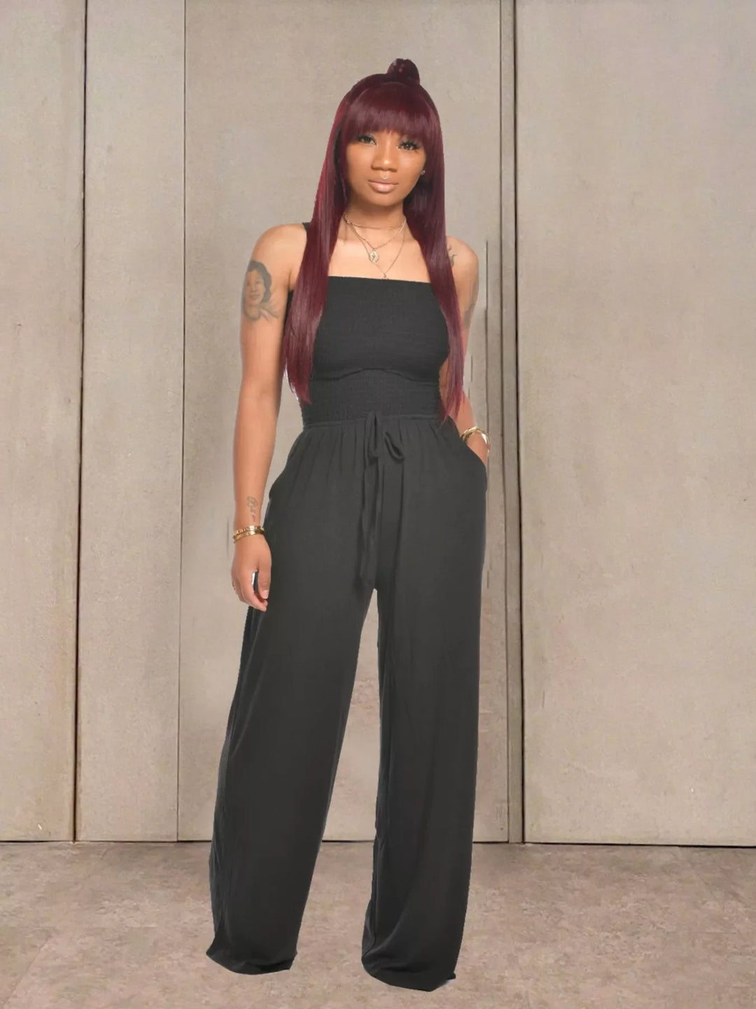 Strapless Smocked Wide-Leg Jumpsuit