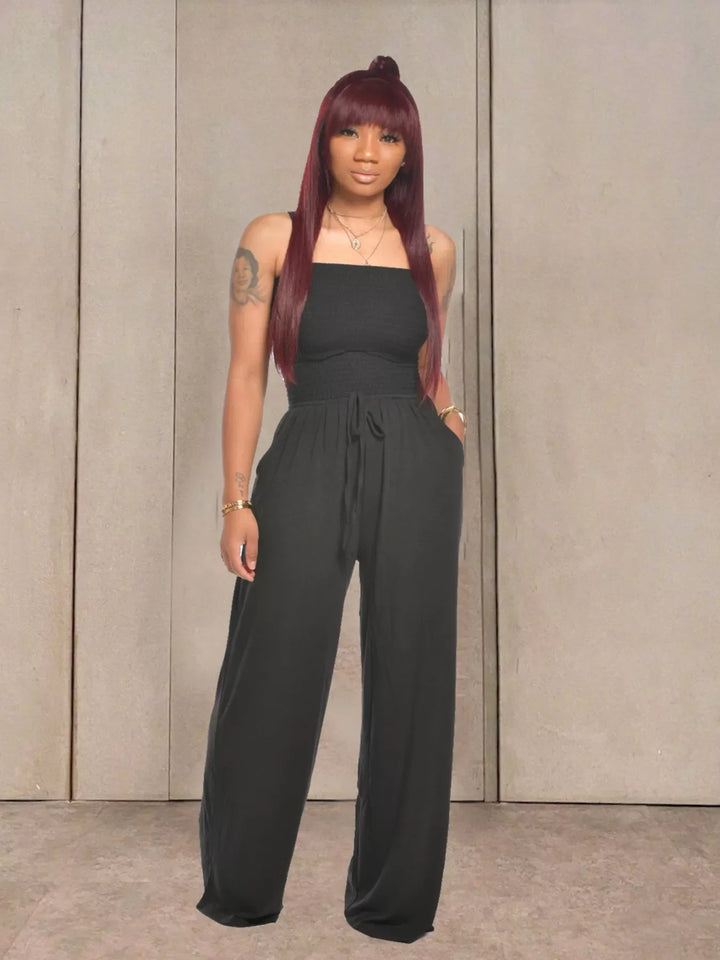 Strapless Smocked Wide-Leg Jumpsuit