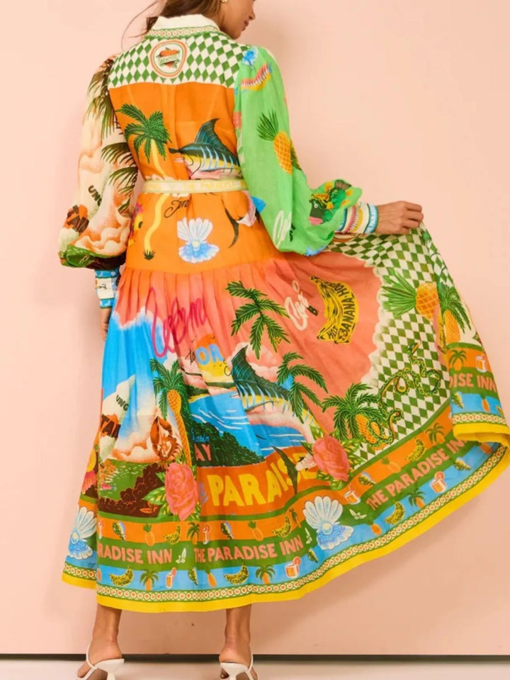 Printed Lantern Sleeve Midi Shirt Dress