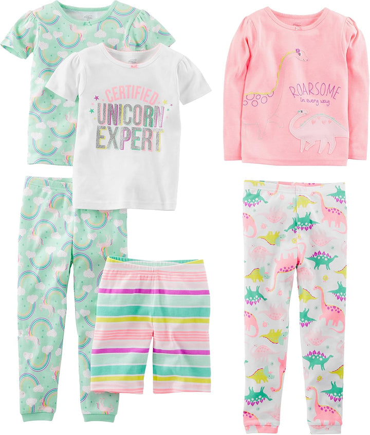 Girls Cotton Pajama Set 6-Piece - Snug Fit PJ Pack for Babies Toddlers