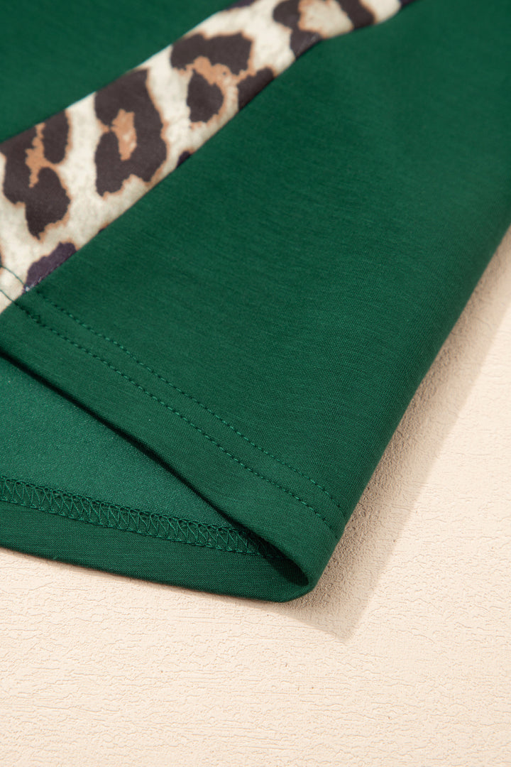 Sea Green Leopard Trim Round Neck Loose T Shirt