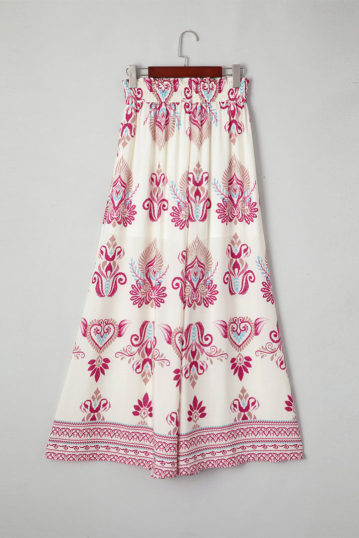 Rose Boho Printed Shirred High Waist Flowy Wide Leg Pants