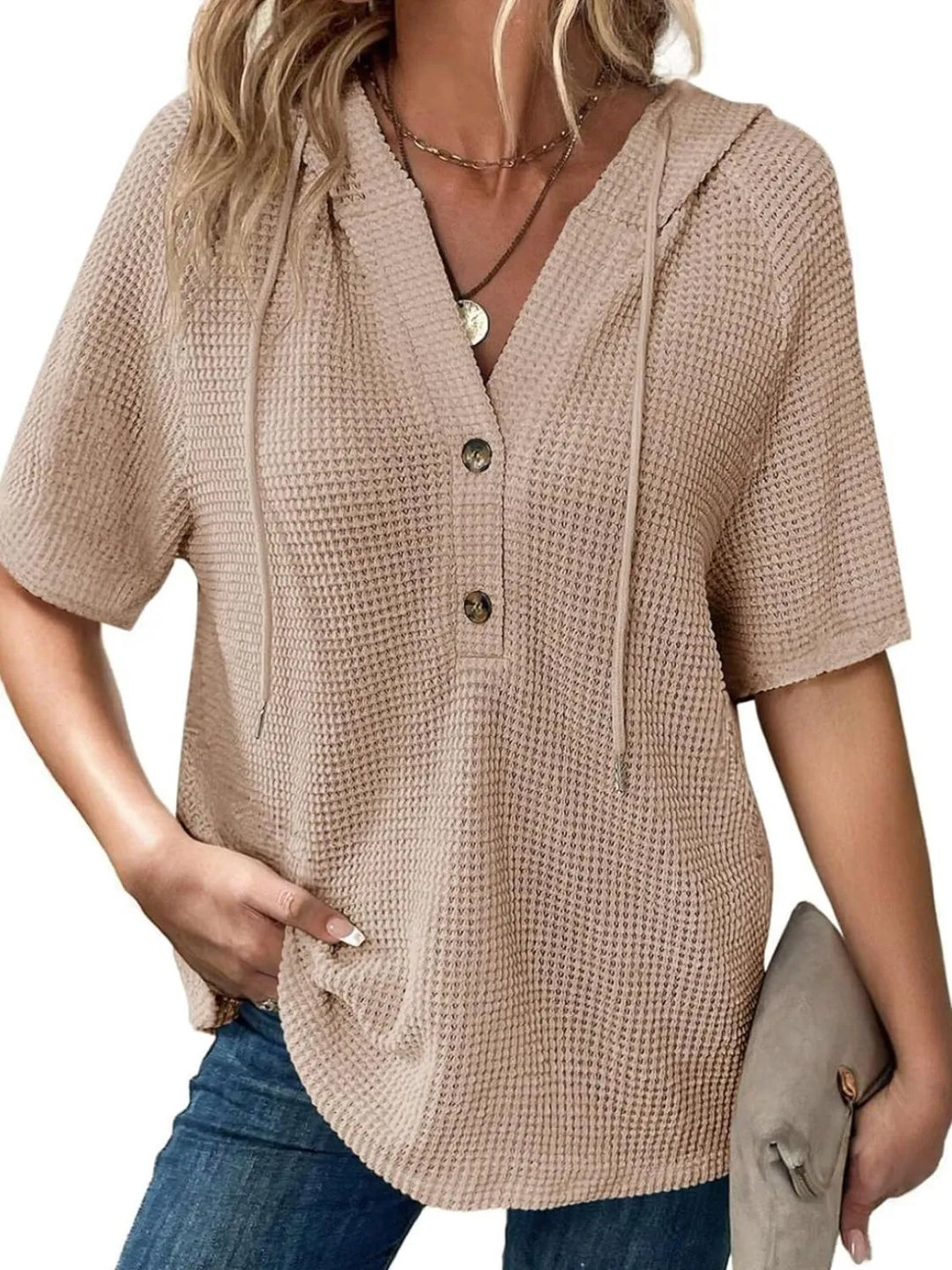 Drawstring Waffle-Knit Short Sleeve Hooded Top