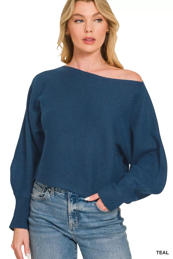 Zenana Boat Neck Balloon Sleeve Sweater