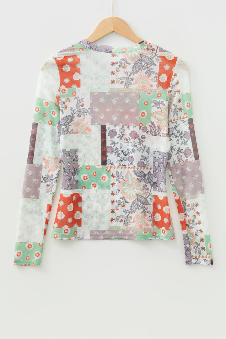 Khaki Mixed Floral Print Patchwork Mock Neck Mesh Top