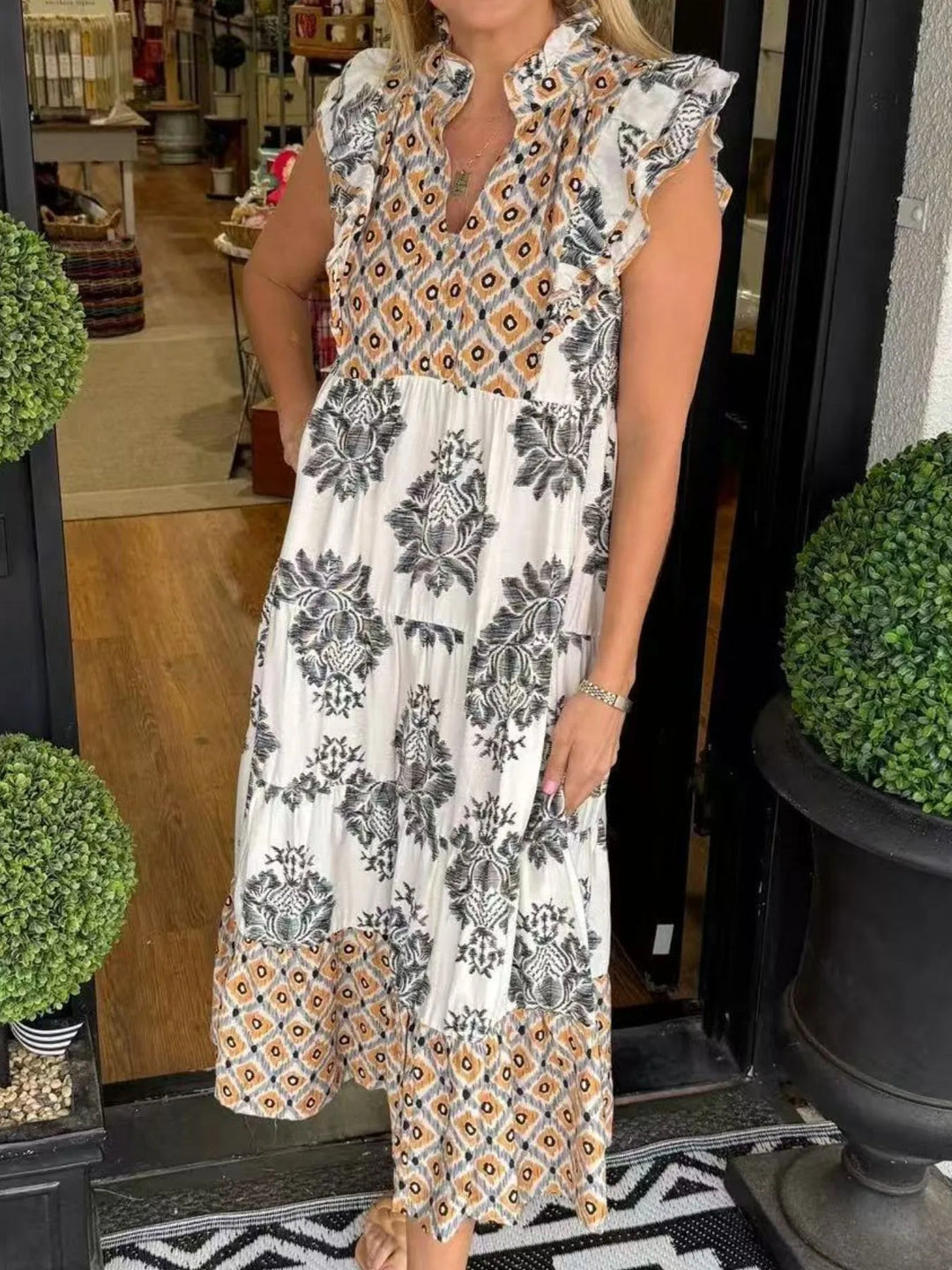 Printed Notched Ruffled Cap Sleeve Dress