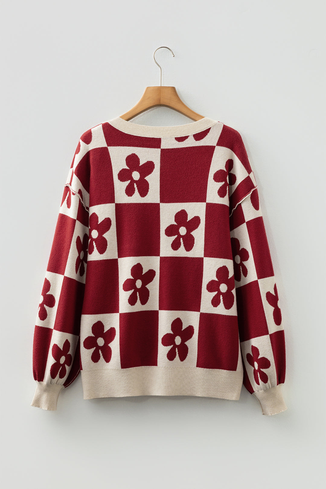 Red Dahlia Flower Plaid Henley Baggy Sweater