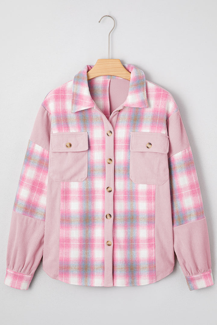 Pink Brushed Plaid Corduroy Flap Pockets Patchwork Shacket