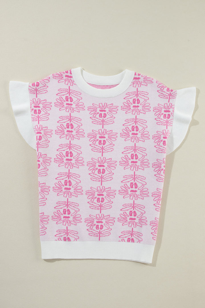 White Floral Printed Ruffled Short Sleeve Sweater