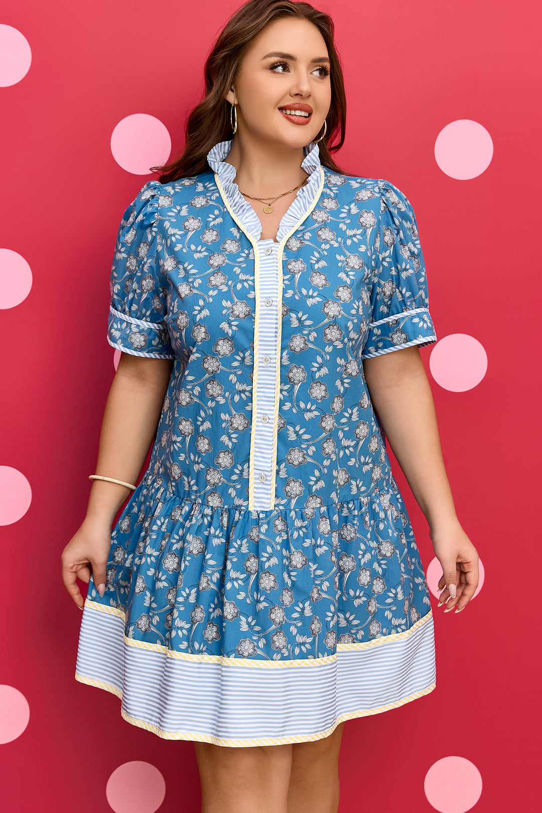 Blue Plus Size Floral Print Striped Patchwork Detail Button Front Ruffle Hem Dress