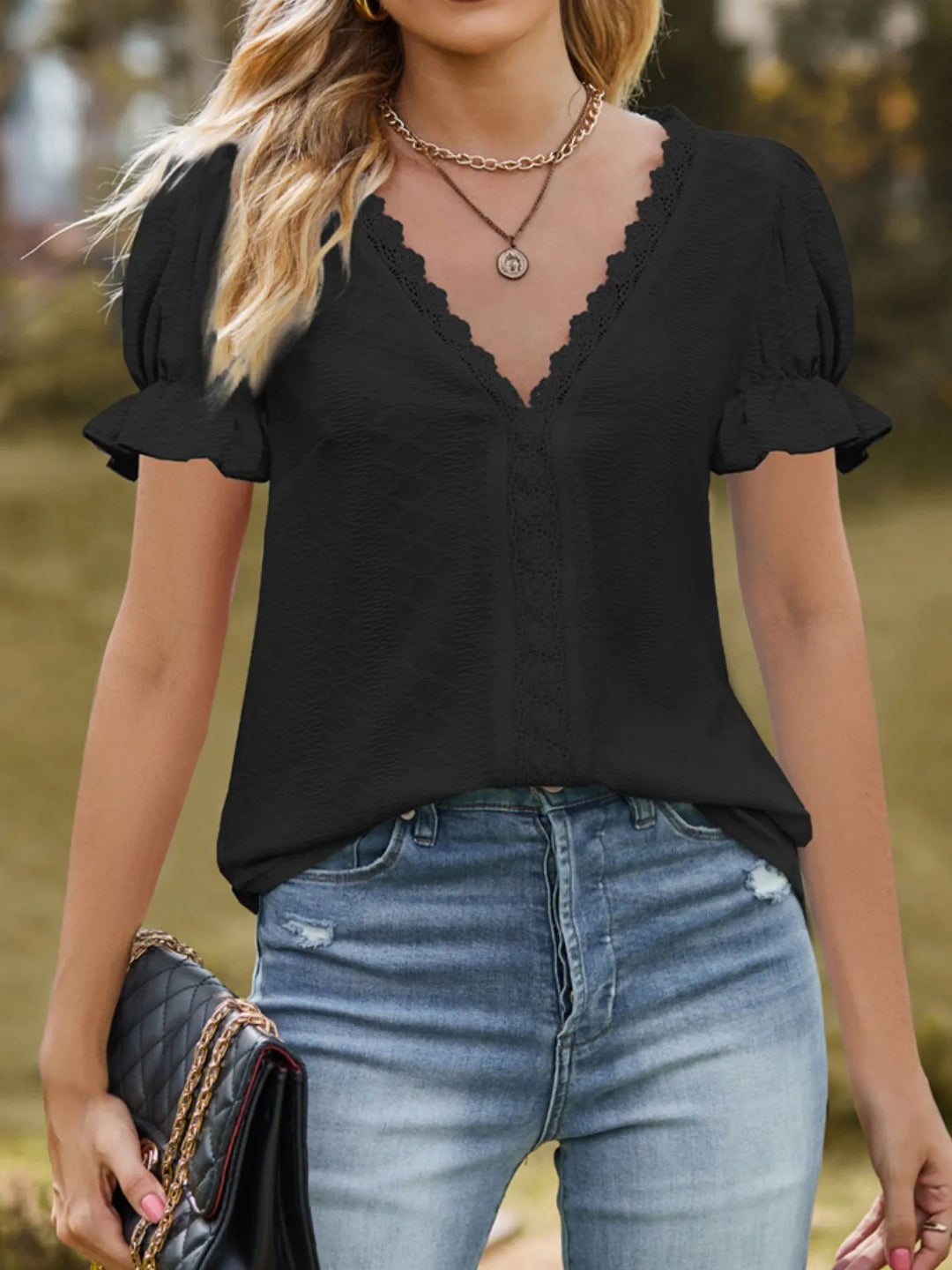 Lace Trim V-Neck Puff Sleeve Blouse