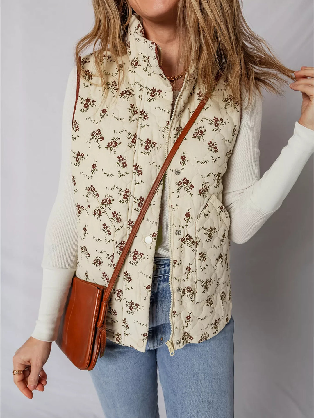 Floral Print Zip Up Quilted Vest