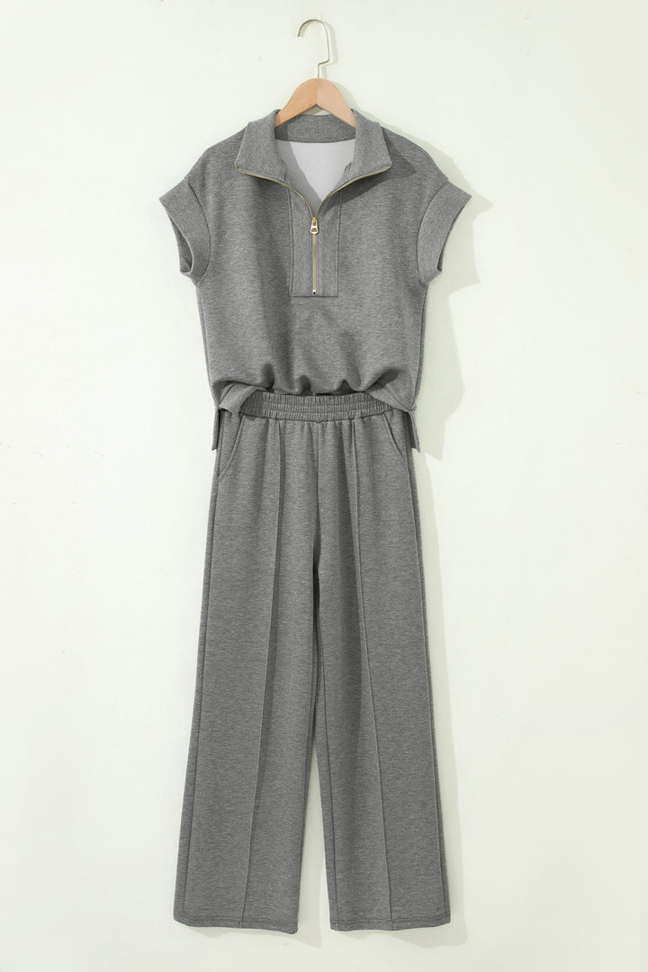 Gray Half Zip Polo Tee Casual Pant Set