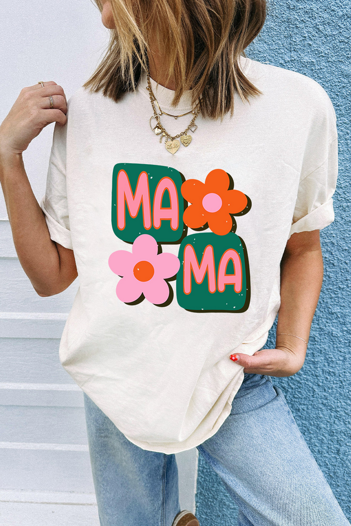 White MAMA Flower Graphic Crewneck Tee