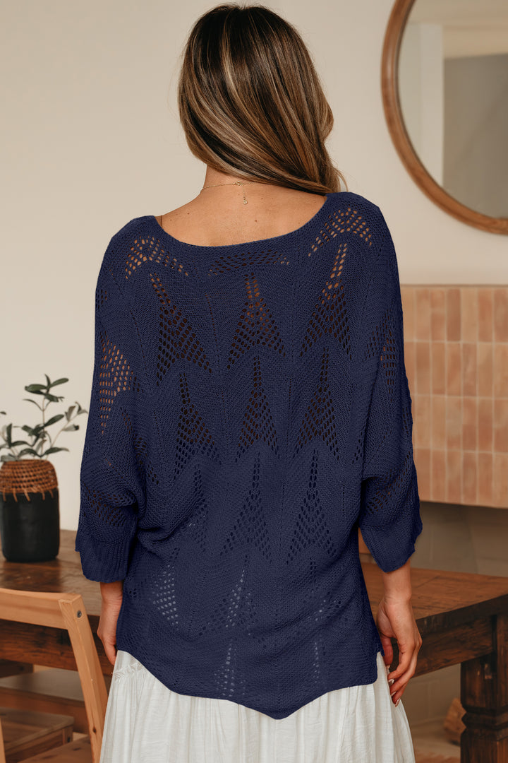 Navy Blue Hollow Out Knit 7/8 Sleeve Casual Sweater