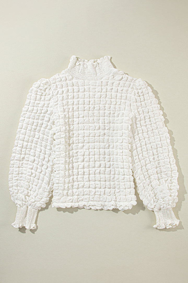 White Textured Smocked Mock Neck Puff Sleeve Top
