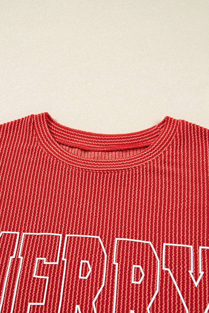 Fiery Red Twisted Rib Outlined Merry Letter Graphic Loose Long Sleeve Top