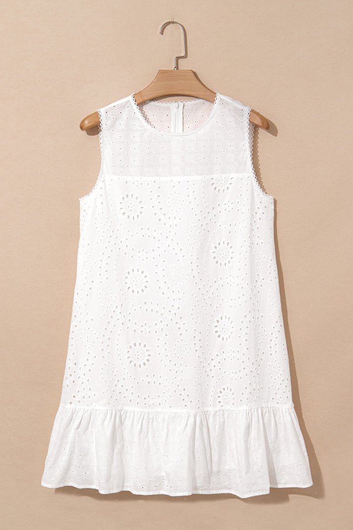 White Floral Eyelet Embroidered Sleeveless Shift Dress