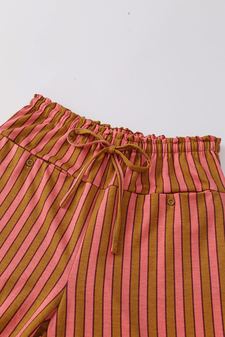 Stripe Button Pocket Tie Waist Casual Wide Leg Pants
