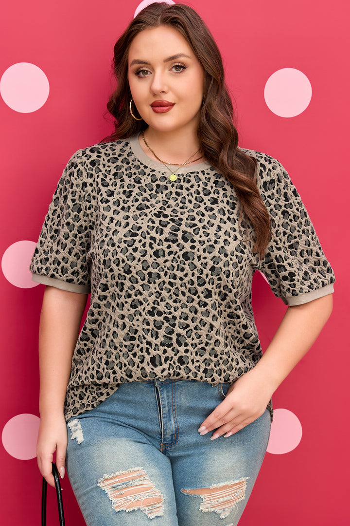 Khaki Leopard Print Textured Plus Size T Shirt