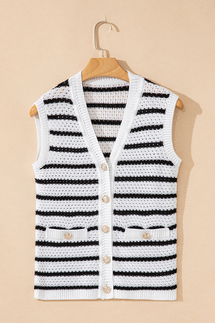 Black Stripe V Neck Gold Buttons Elegant Sweater Vest
