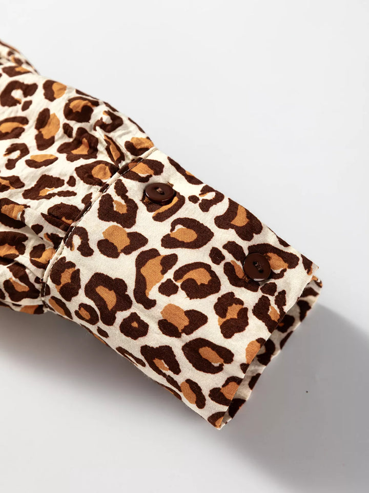 Leopard Print Contrast Frilled Trim Button Down V Neck Shirt