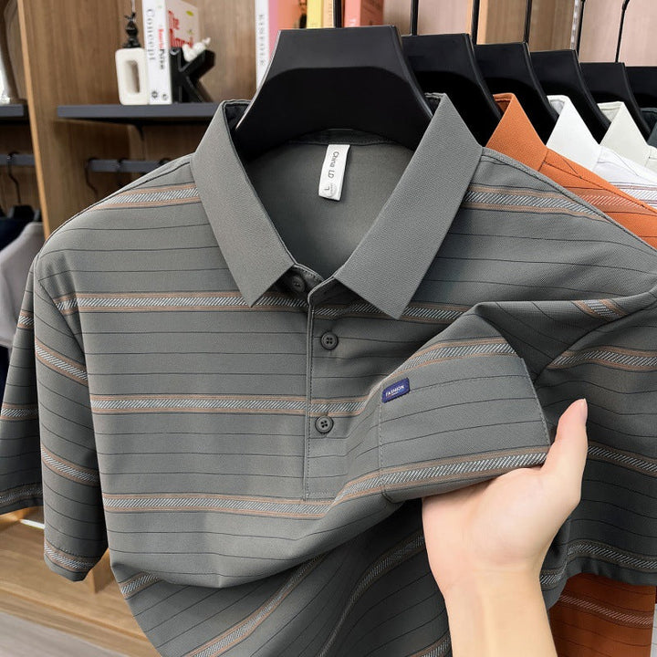 Mens Summer Striped Loose-Fit Lapel T-Shirt