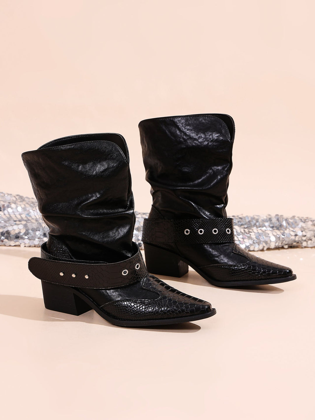 Women Stylish Ruched Western Cowboy Ankle Boots, 2026 Spring Summer Hit Style Black Slim Fit Pointed Toe Block Heel Knight Short Boots