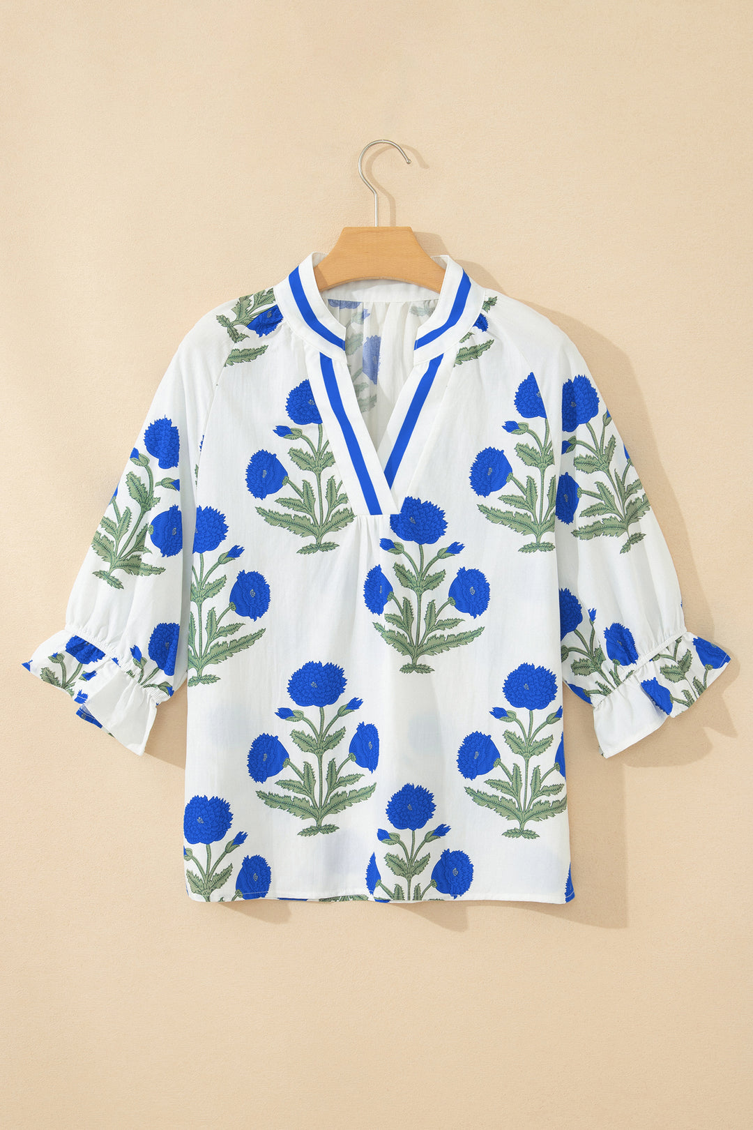 Sky Blue Casual Wild Flower Print V Neck 3/4 Sleeve Blouse