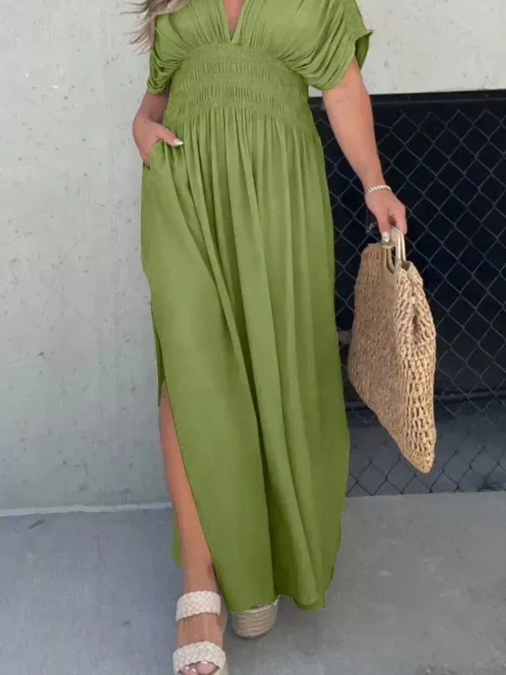 Full Size Slit V-Neck Smocked Waist Maxi Dress Plus Size