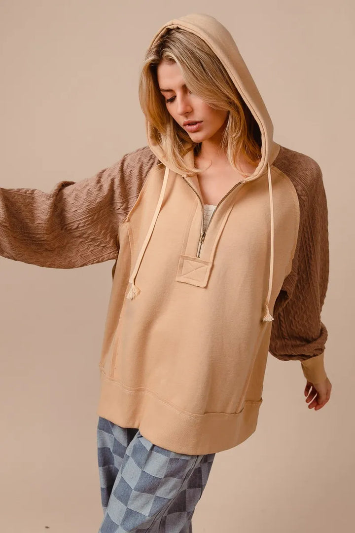 BiBi Half Zip French Terry Hoodie with Kint Sleeves