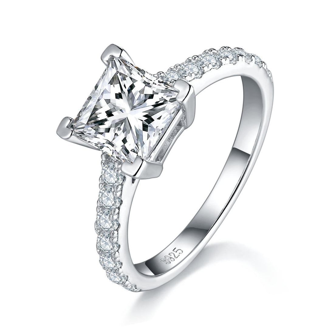 S925 Sterling Silver 2ct Princess Cut Moissanite Ring, 7x7mm D-VVS1 Pave Band, Platinum Plated US Sizes 5-9, GRA Certificate Jewelry Gift Box