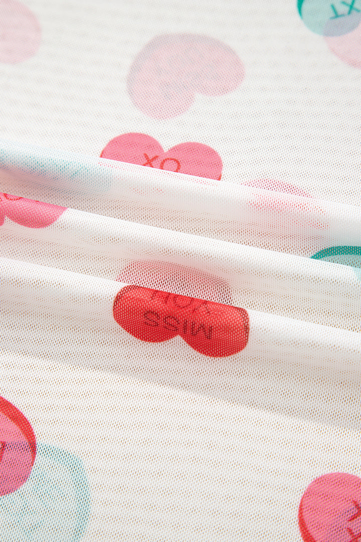 White Sheer Mesh Valentines Slogan Heart Printed Long Sleeve Top