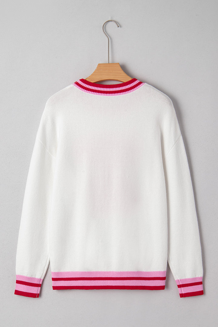 White Striped Trim Bow Graphic Round Neck Drop Shoulder Sweater