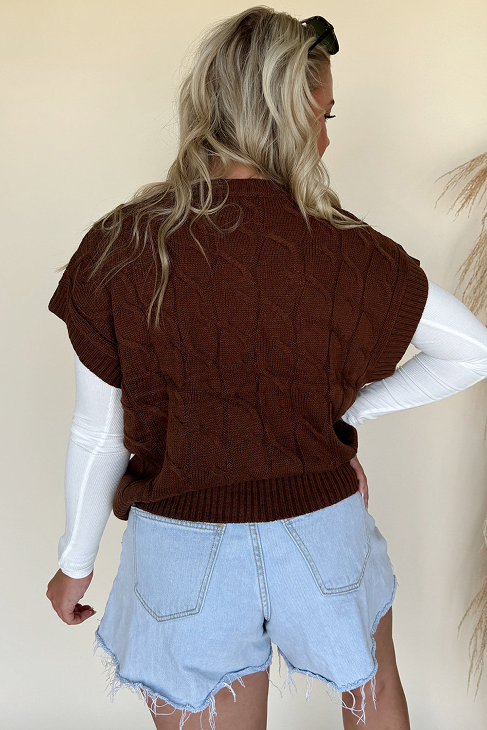 Dark Brown Cable Texture Crew Neck Short Sleeve Sweater Top