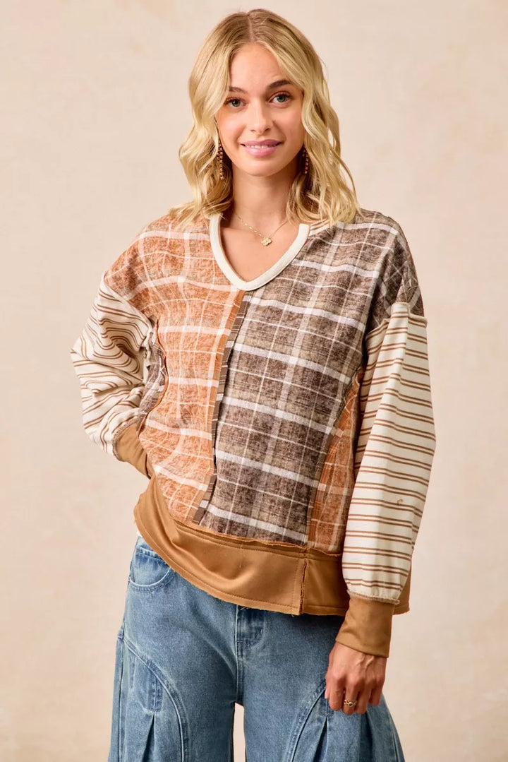 BiBi Plaid And Stripe Mix And Match Top With Open Seam