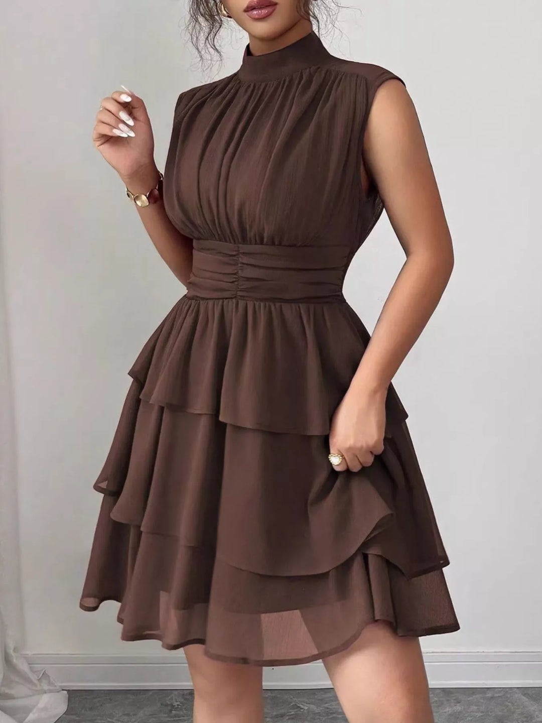 Sleeveless Mock Neck Layered Ruffle Dress