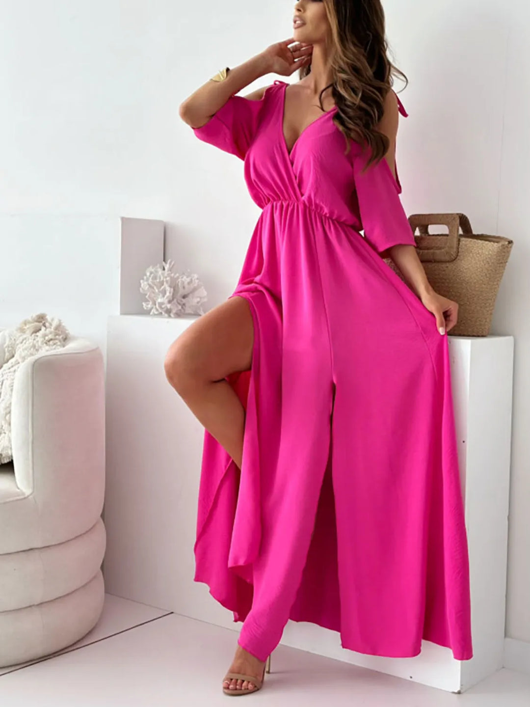 Tied Shoulder Slit Maxi Dress
