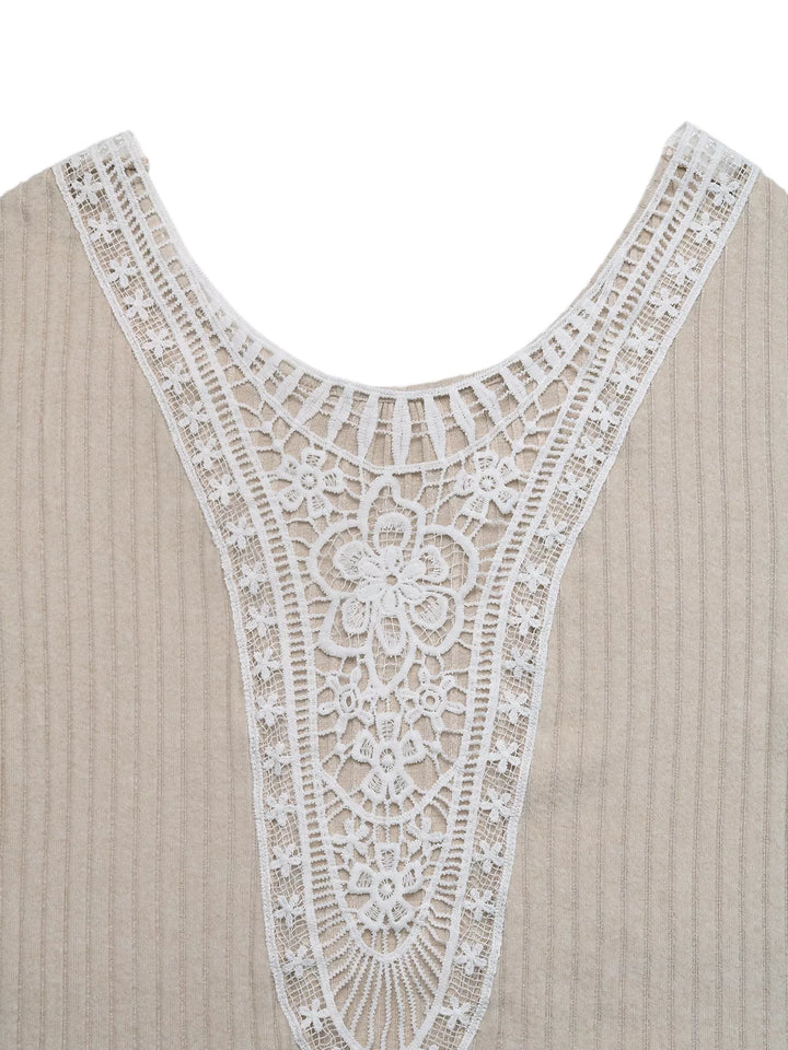 Lace Detail Ribbed Knit Long Sleeve T-Shirt