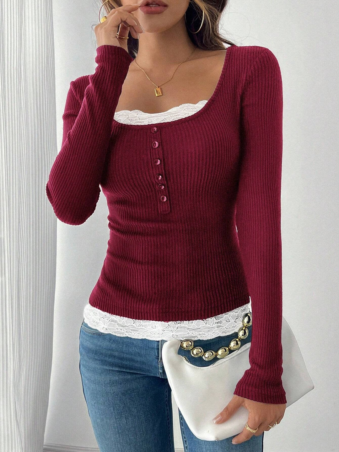 Women's Lace Stitching Crew Neck T-shirt Top