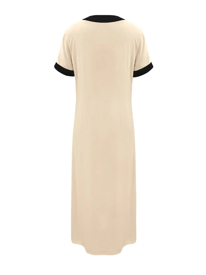Button-Front Contrast Trim Midi Dress