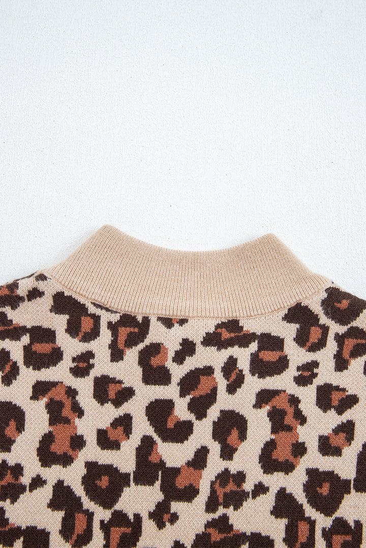 Khaki Leopard Print High Neck Shift Mini Sweater Dress