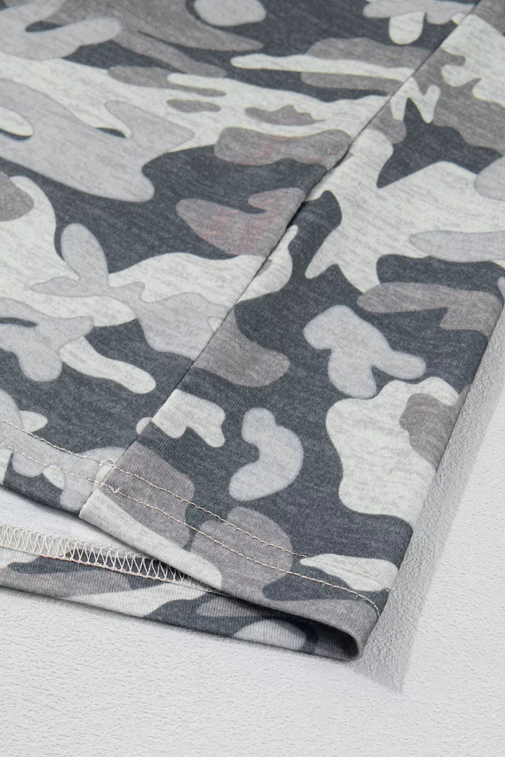 Camouflage Print Raw Edge V Neck Tee