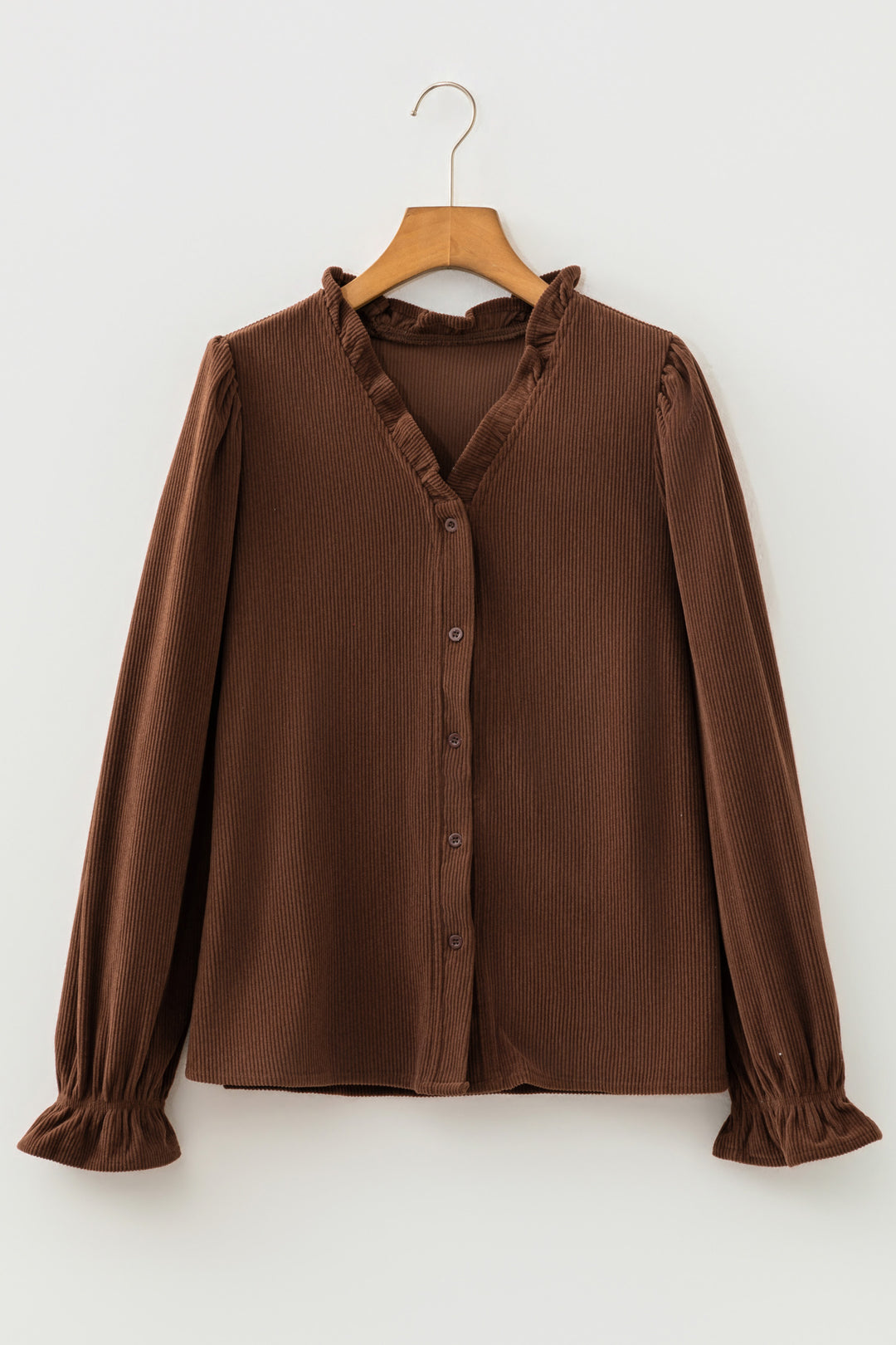 Coffee Solid Color Ruffle Trim V Neck Long Sleeve Button Corduroy Shakcet