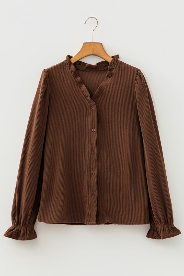Coffee Solid Color Ruffle Trim V Neck Long Sleeve Button Corduroy Shakcet