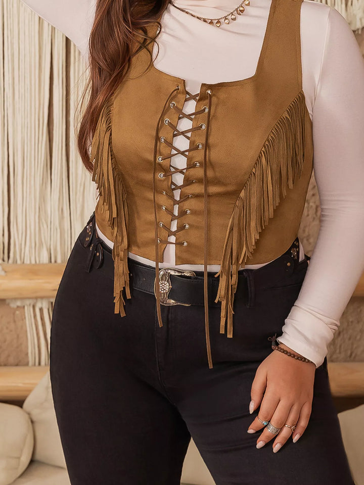 Plus Size Fringed Lace-Up Suede Vest