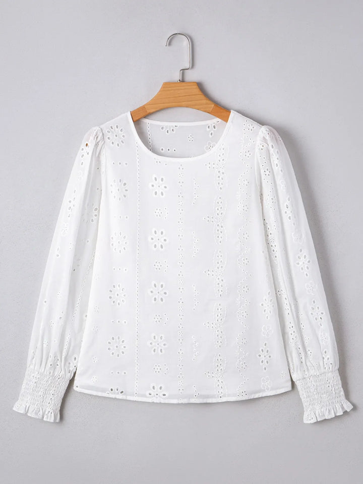 Eyelet Long Sleeve Blouse with Elastic Cuffs