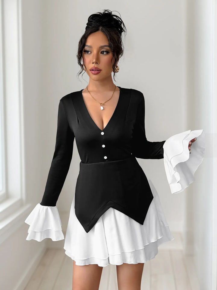 Two Tone V-Neck Long Sleeve Mini Dress
