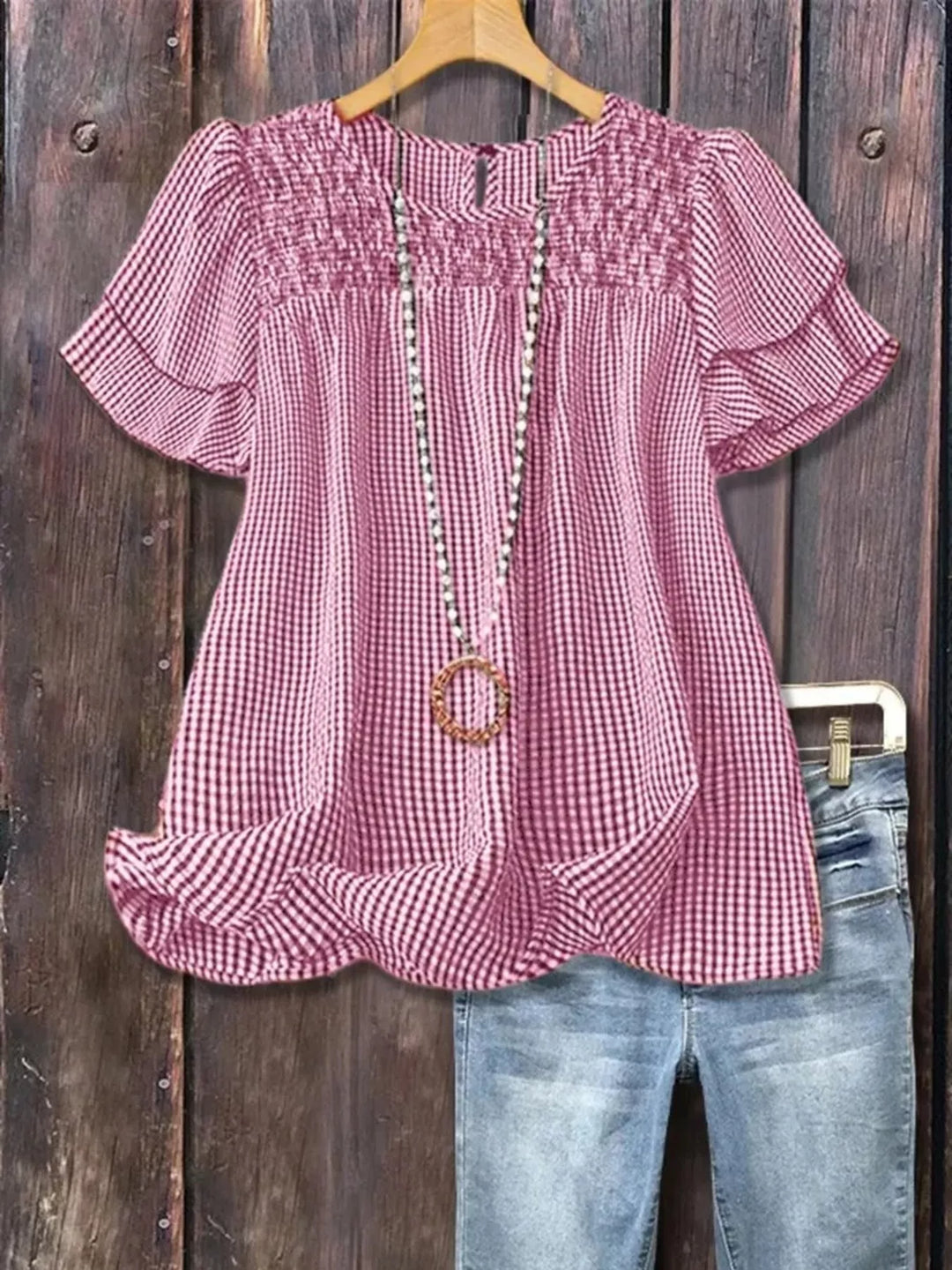 Full Size Gingham Smocked Ruffle Sleeve Blouse Plus Size
